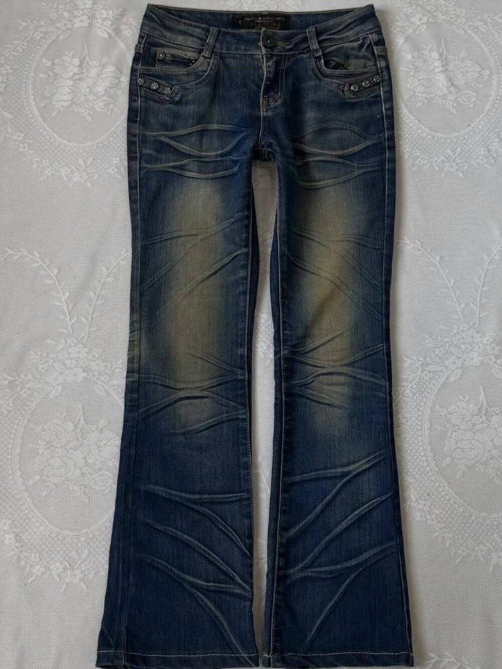 Vintage Y2K Dark Blue Embellished Bootcut Jeans Distressed Detail Low Rise Denim